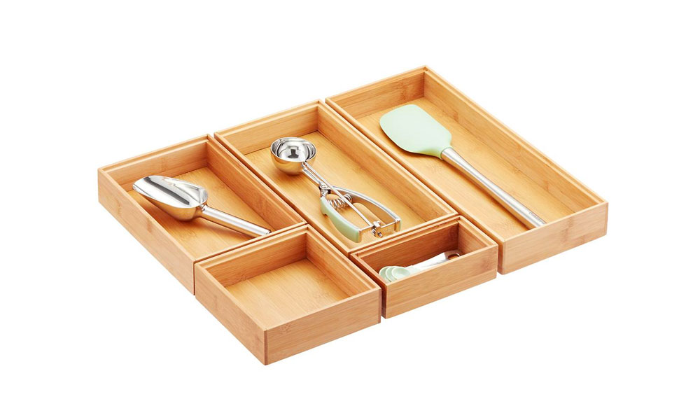 Stackable Bamboo Drawer Organizers with silver baking utensils