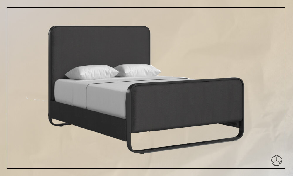 Panel bed with a grey upholstered head and footboard, a mattress and white sheets and pillows