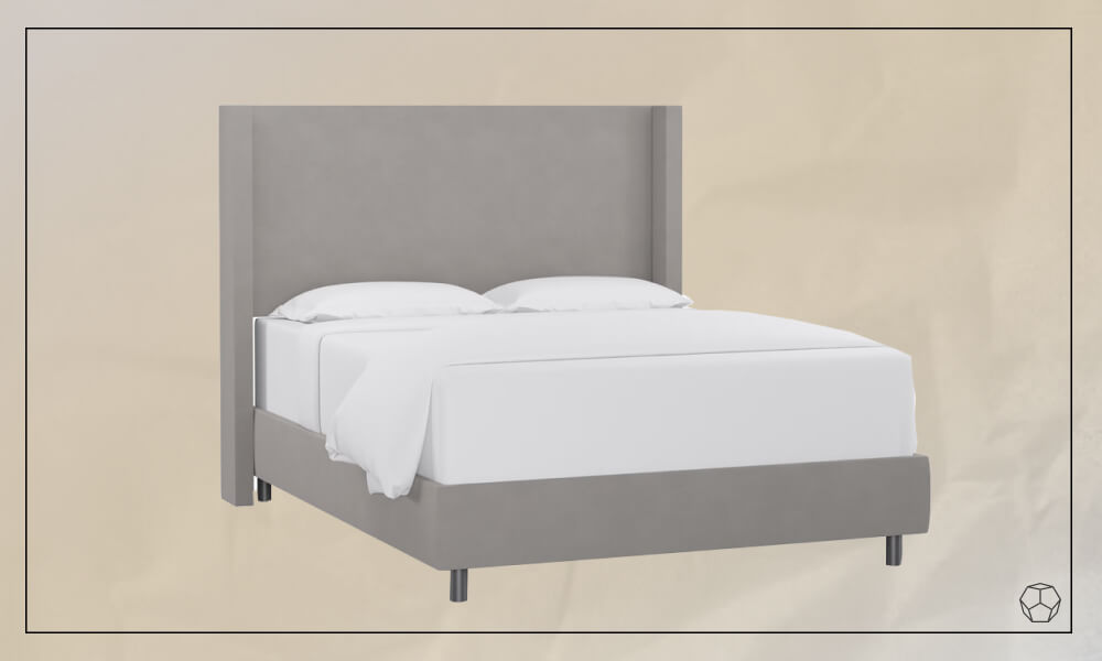 Modern upholstered grey bed frame with a large grey uholstered headboard, a mattress with sheets