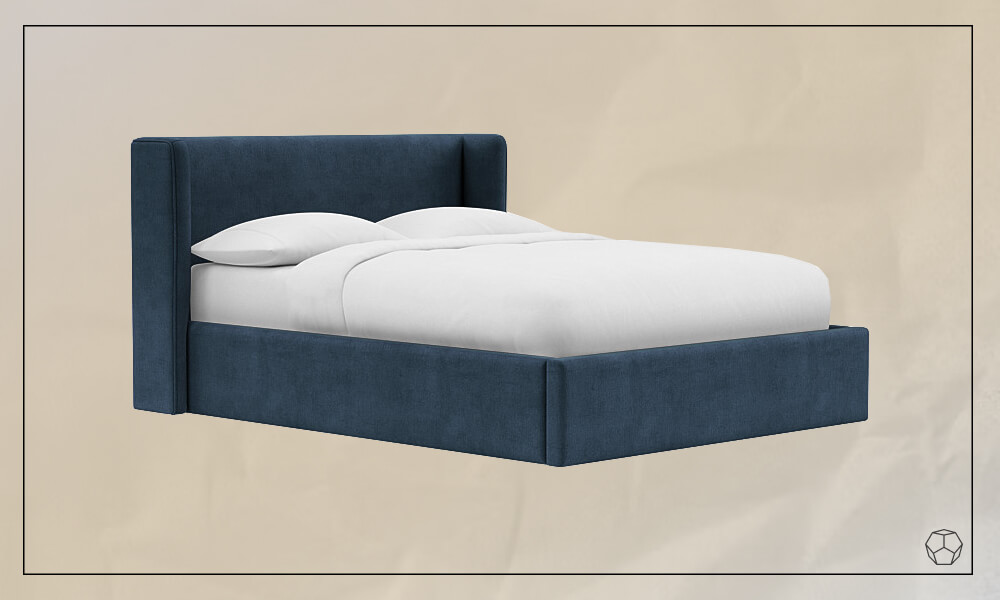 Modern upholstered blue bed frame with a blue uholstered headboard, a mattress with sheets