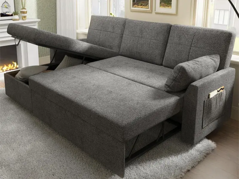 dark grey upholstered sleeper sofa with undeseat storage