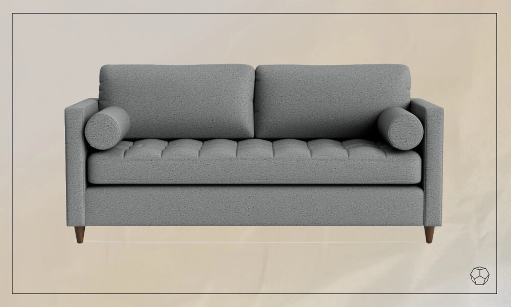 Grey Sleeper Sofa with wooden legs and two cilindrical throw pillows