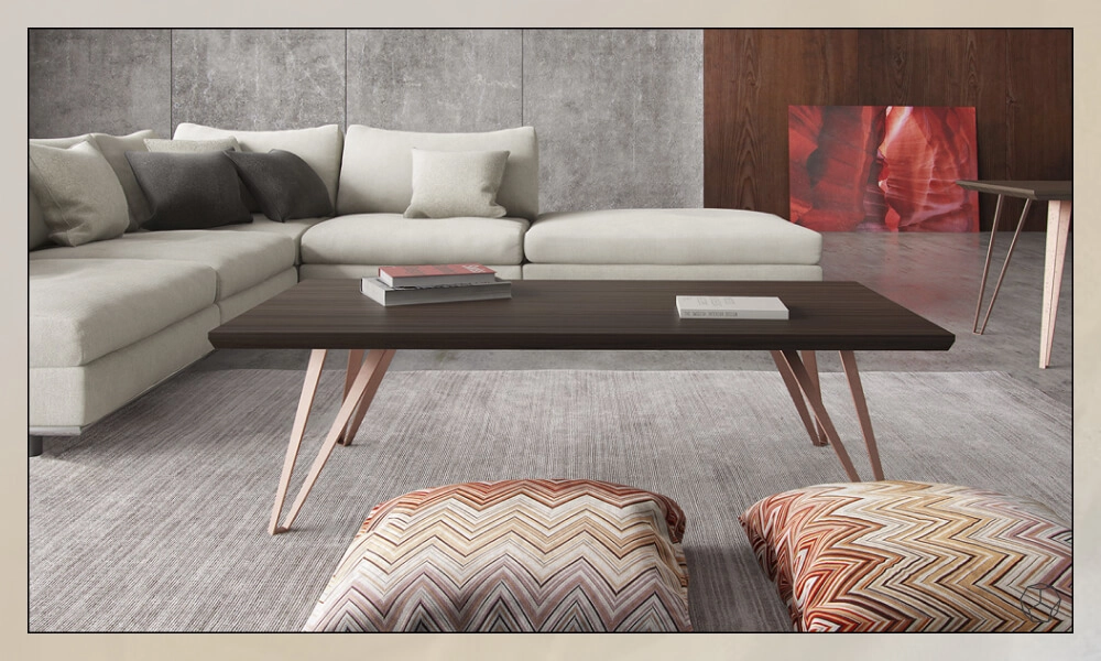 gray rug with a modern coffee table on it and a light gray L -shaped sectional sofa