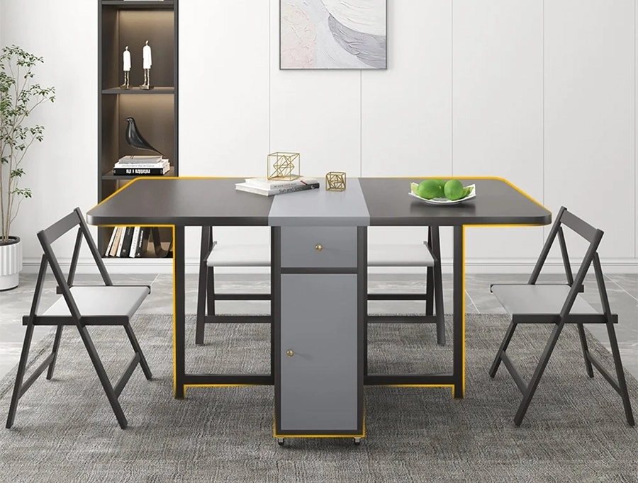 Modern Gray Rectangle Folding Wood Dining Table Set