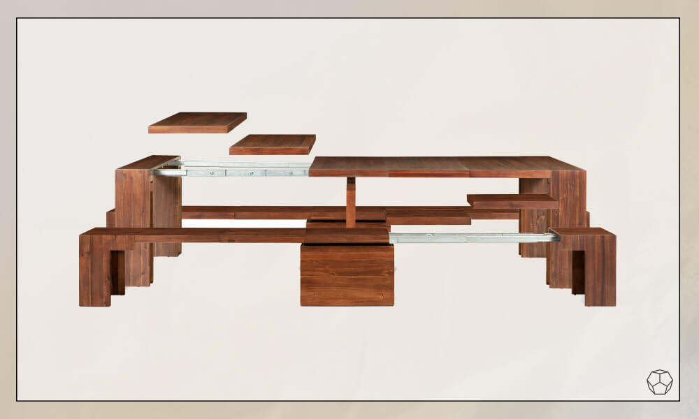 Wooden Transformer Table with interchangeable pieces and a metal internal frame