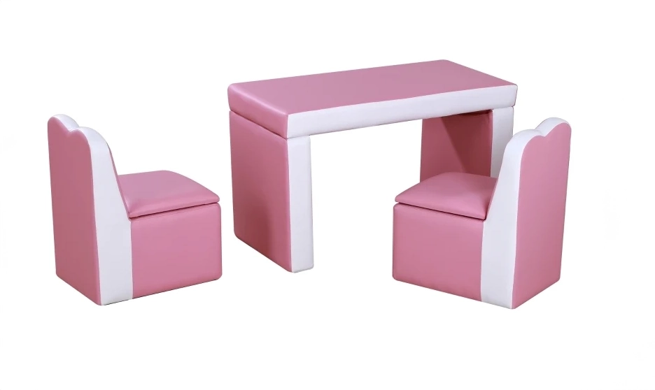 Pink play cushion set with with a chair and a table
