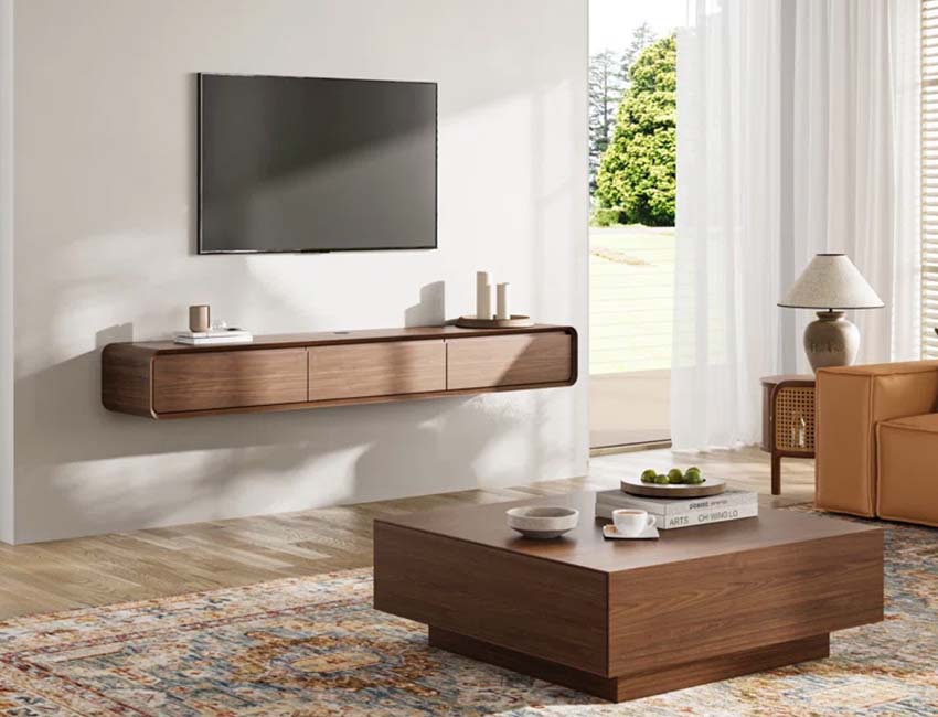 Floating TV stand in a room with TV on the wall