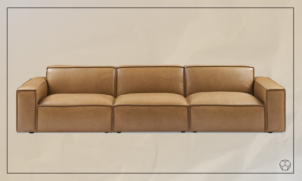 Low profile brown leather sofa with wide seating