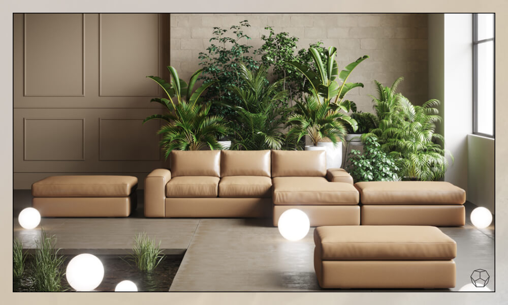 Light brown leather sectional sofa in a living room with a setting of pots with plants and lamps