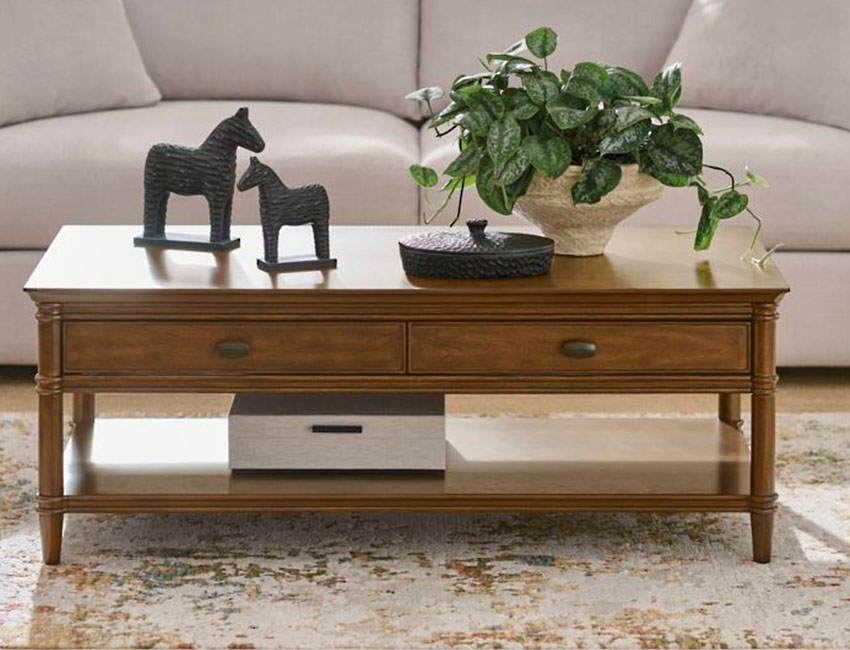 Wooden coffee table with shelf and two drawers