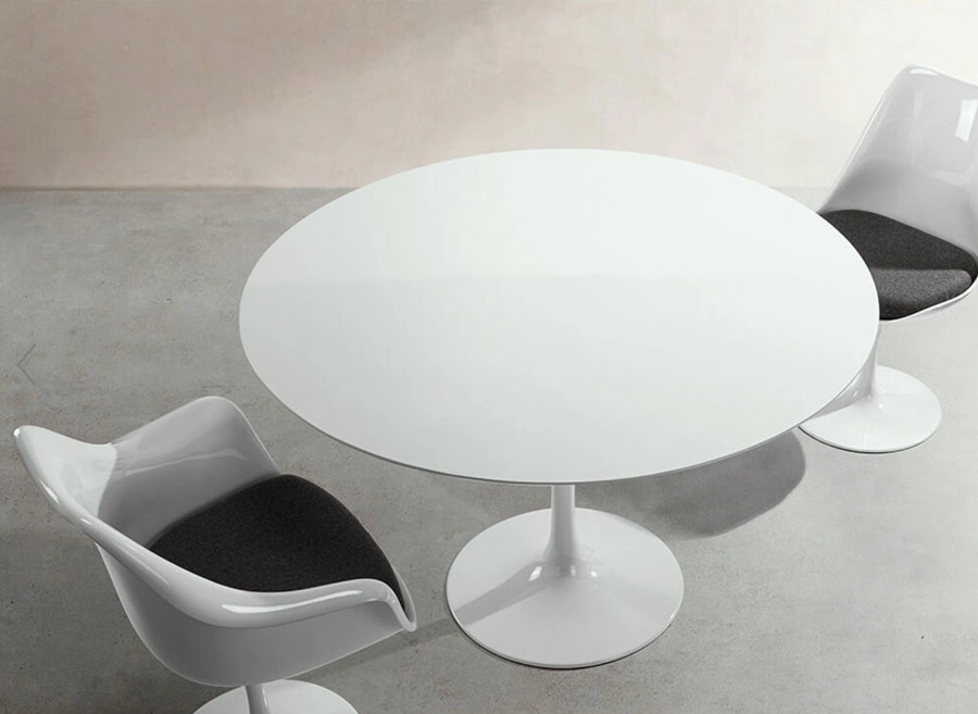 White Lacquer Tulip Dining Table - Round, two chairs