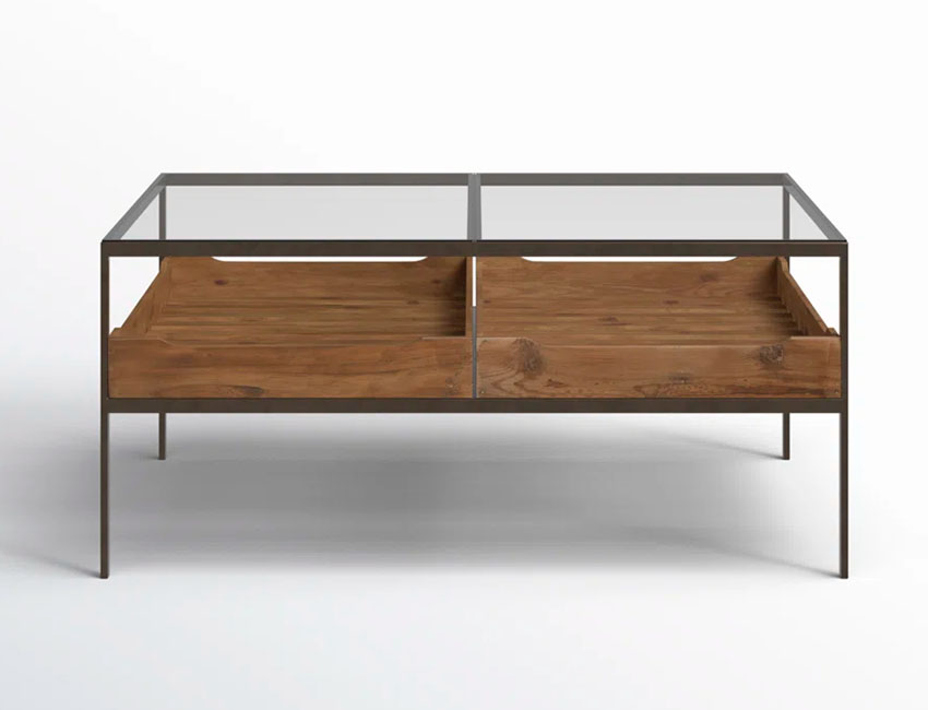 Glass Top Wooden Coffee Table with Storage