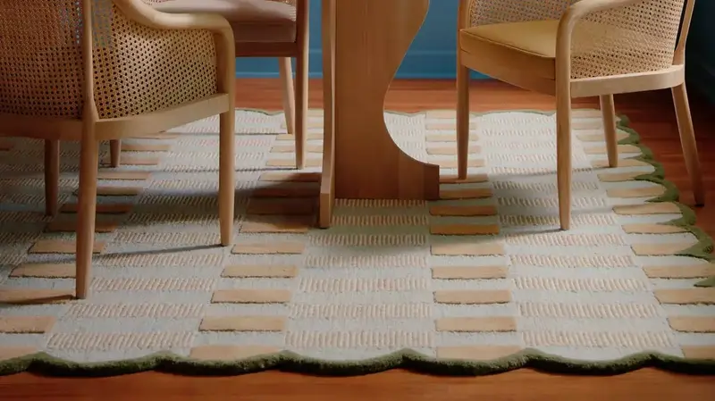 Contemporary rug with a plaid patter and a scalloped border under a dining set