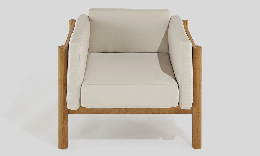 Teak framed Outdoor Chair with back, seat and sides white cushions