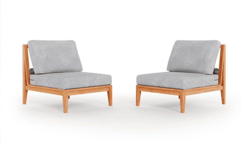 Teak Outdoor Armless Chair with light gray back and seat cushions