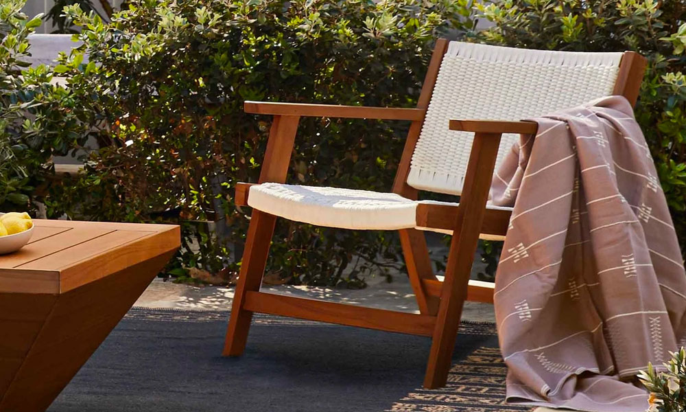Wooden framed Accent Chair with beige woven backrest and seat