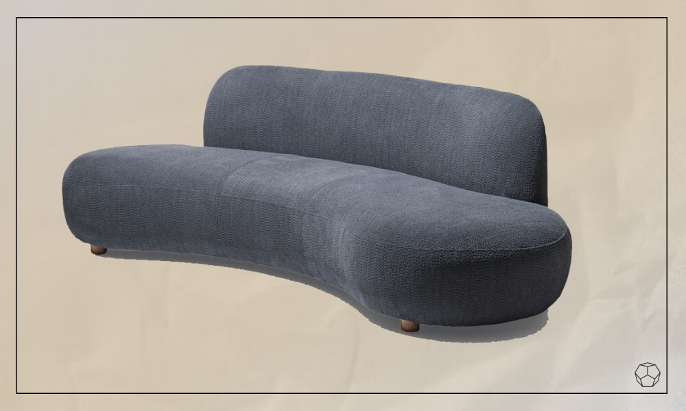 Grey upholstered curved sofa with contemporary curves
