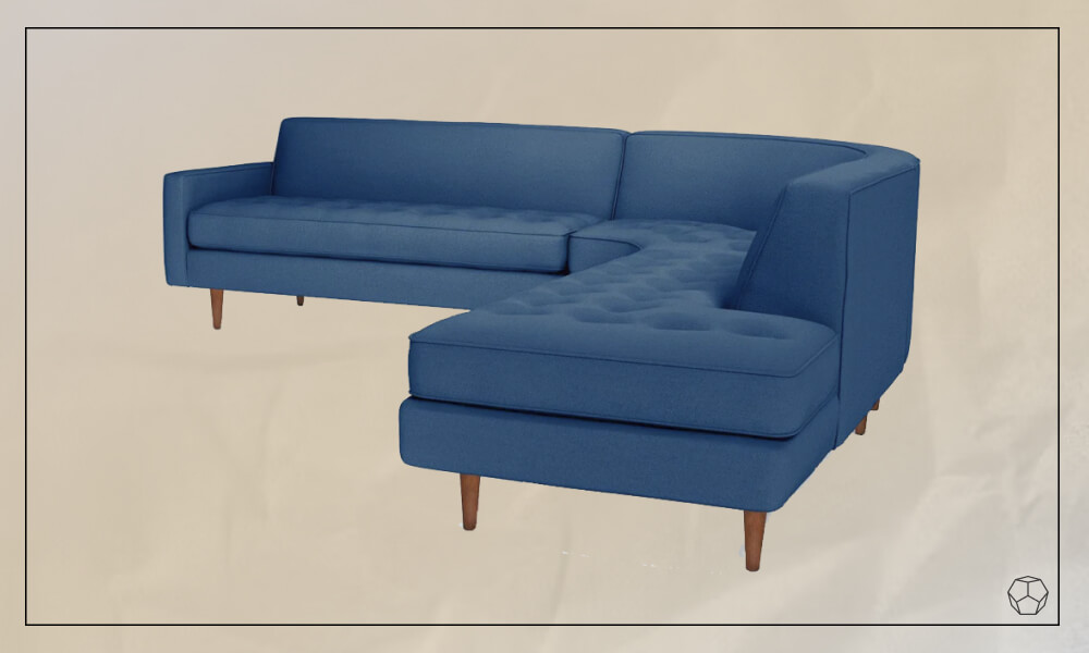 Blue upholtered Sectional Sofa with wooden legs