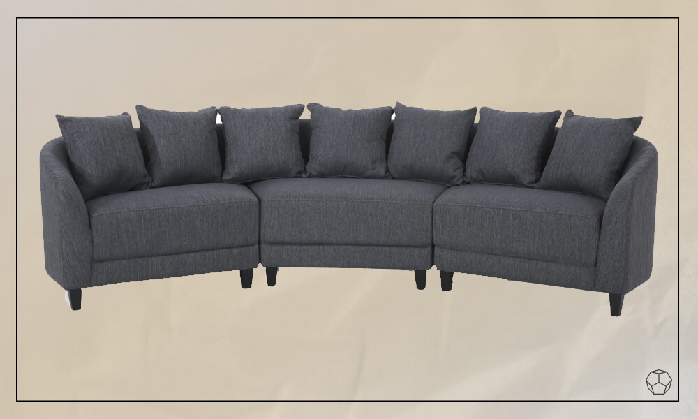 Grey upholstered curved Sofa with seven accent pillows