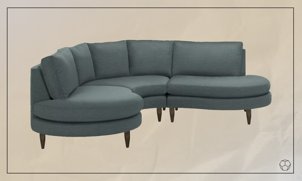 Grey curved Sofa with dark wooden legs