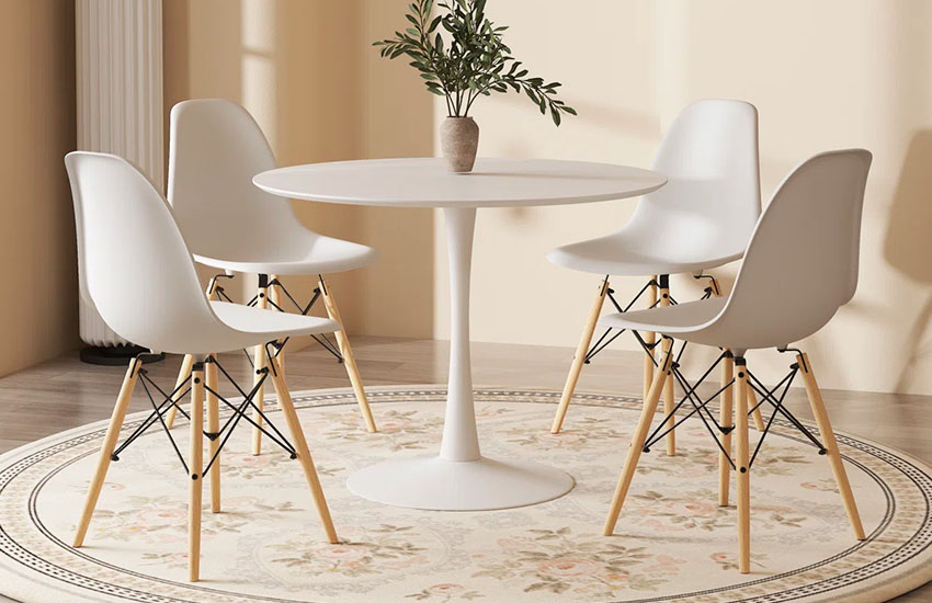White tulip dining table with chairs