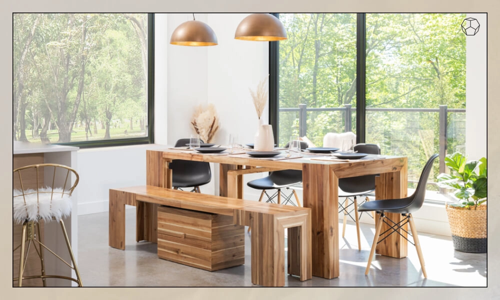 The set of the Transformer tabe and extendable bench in natural wooden in a dining room with dishes