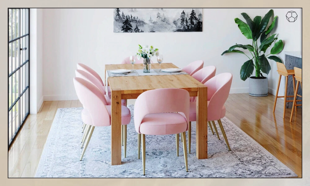 Wooden dining table with a set of eight pink upholstered chairs in a dining place