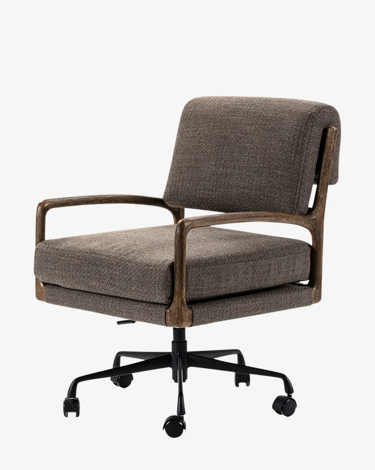 A cute modern desk chair with wheels and wooden arms