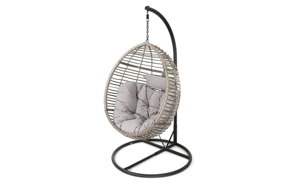 Beige Outdoor Wicker Hanging Basket Chair with black steel frame and base