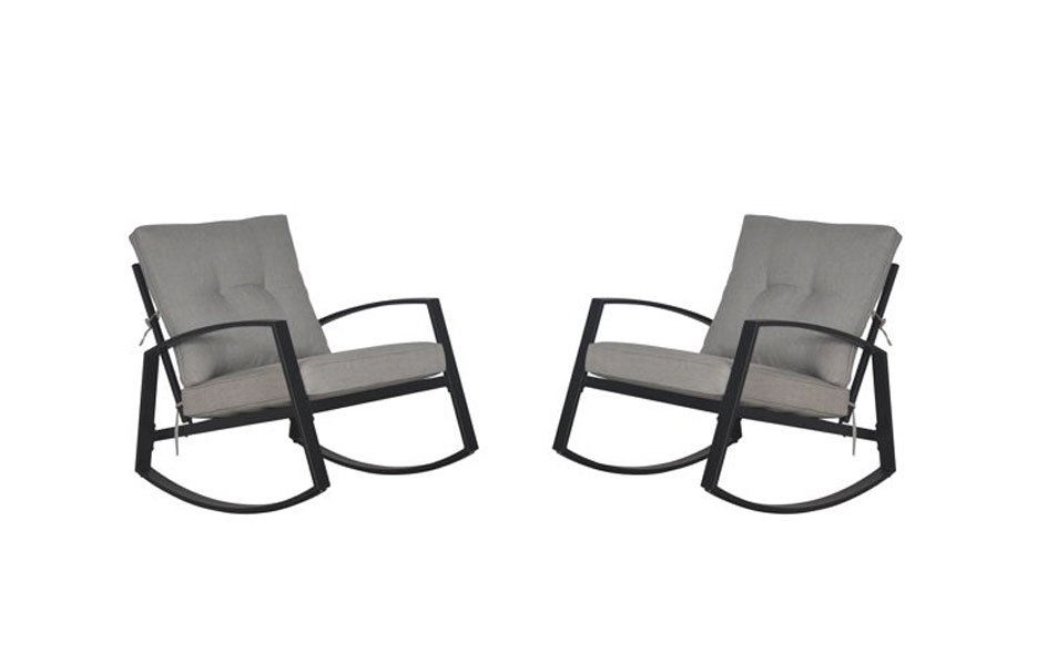 Two black frames rocking chairs with grey back and seat cushions
