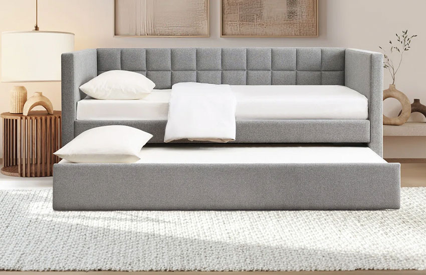 Gray Upholstered Twin Daybed with trundle and mattress