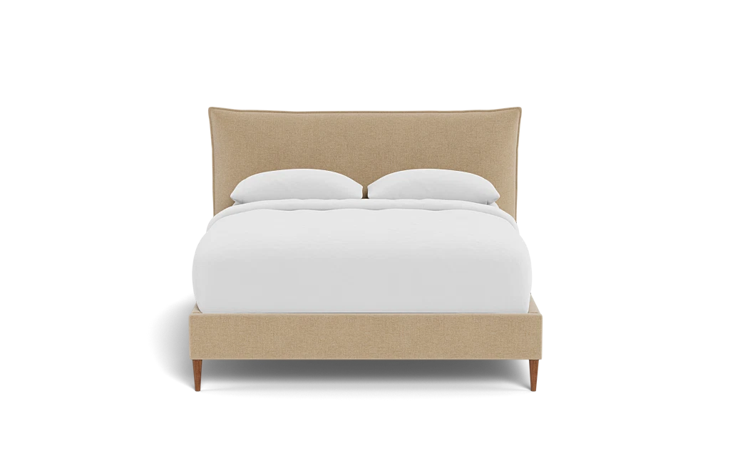 Skylar Upholstered Bed with white bedding and mattress