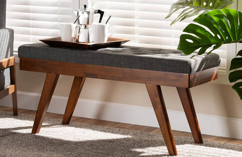 Wooden Mid-Century bench with Gray Cushion
