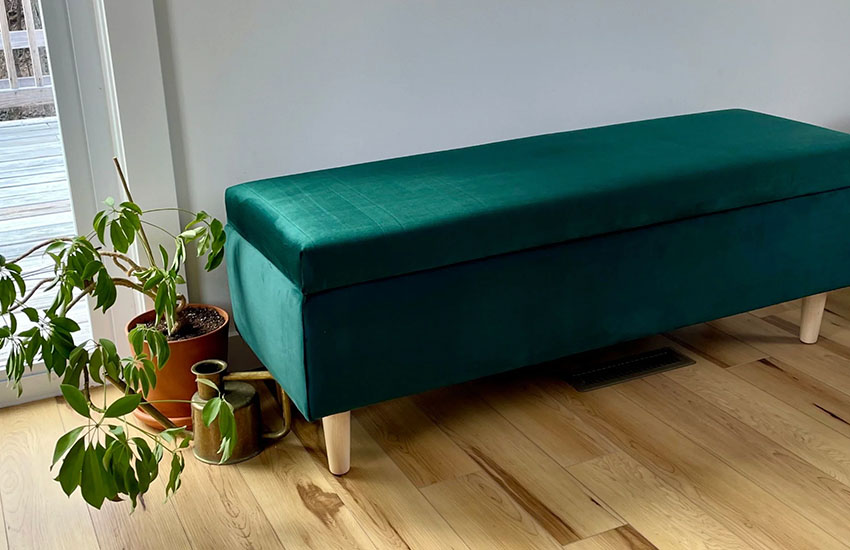Green Velvet Upholstered Storage Bench with wooden leg