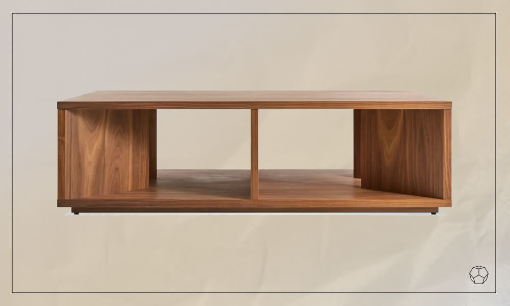 A small wooden coffee table featuring two shelves for storage and display purposes.