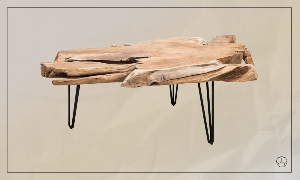 A wooden coffee table featuring a natural wood surface supported by sleek hairpin legs.