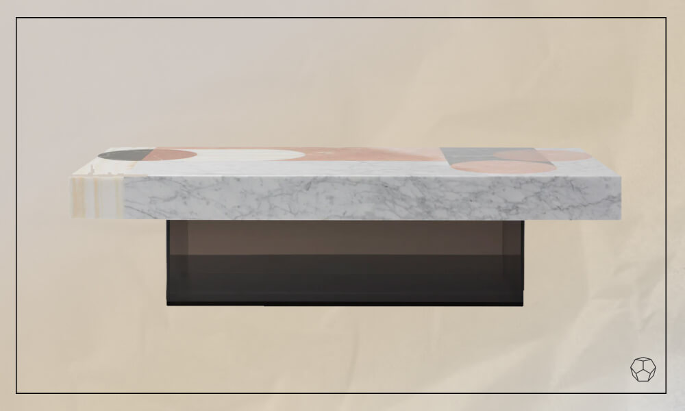 Marble coffee table featuring a black base and a white marble top with a mosaic of five marble types