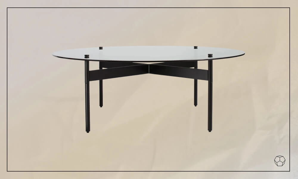 Rounded smoked glass coffee table with black metal legs