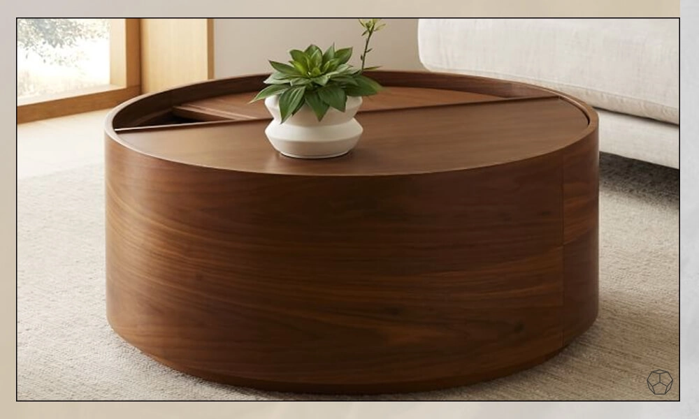 Rounded wooden coffee table with no legs with a plant in the top and hidden storage place