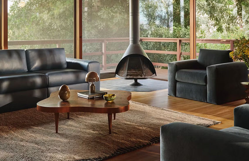 Design within reach furniture: sofa, coffee table, lounge chairs, rug