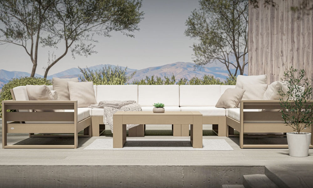 Contemporary outdoor furniture set featuring white cushions perfect fot stylish outdoor relaxation