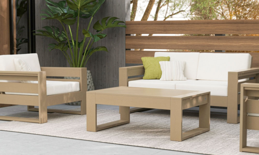 Contemporary wooden Lounge Outdoor set with sofas with white cushions and a coffee table