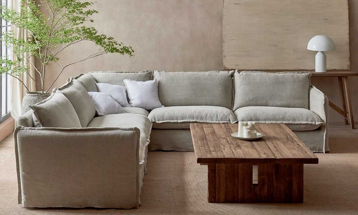 Rectangular Coffee Table in front of a L shaped grey sofa in a living room