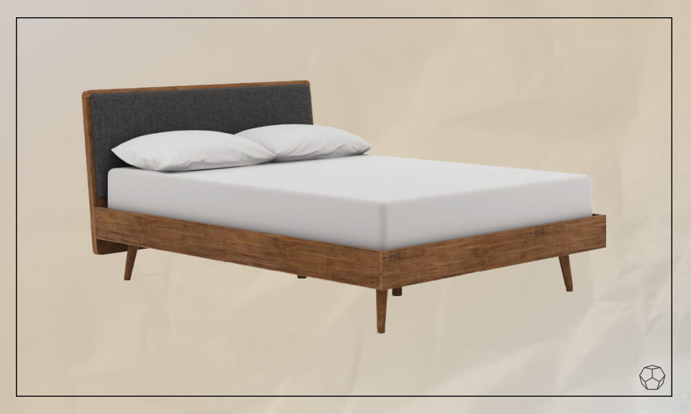 Wooden Bed Frame with a headboard with a dark gray cushion, a mattress, white sheets and two pillows