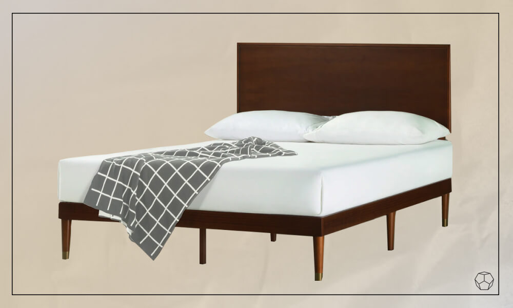 Wooden Platform Bed with a modern style, a mattress with white sheets and two pillows
