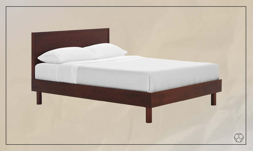 Modern wooden Frame with a wooden panel headboard, a mattress, white sheets and two pillows