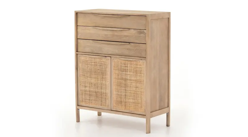 Wooden nightstand with three close drawers and two rattan doors