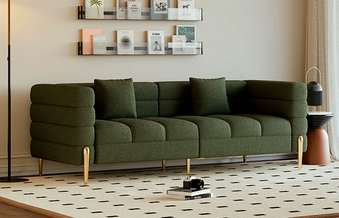 Boucle Fluted Sofa with Gold Legs & Pillows