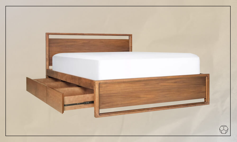 Natural wooden storage bed with three roomy storage drawers in the left side and a white mattress 