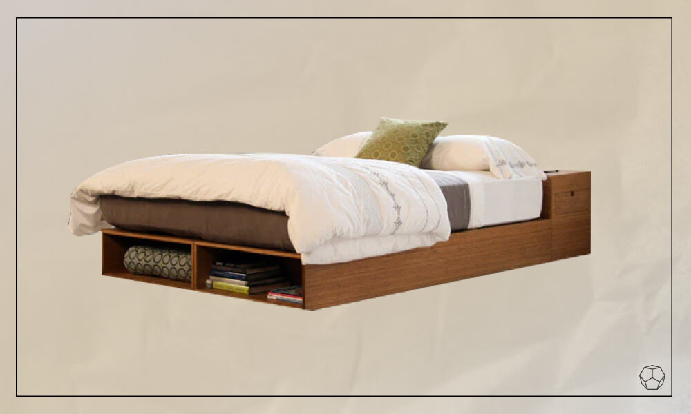 Wooden bedframe with open storage space and a mattress with a beige duvet
